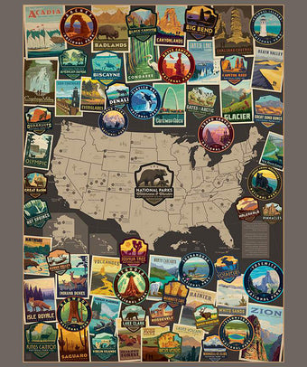 National Parks USA Vertical Map Poster PANEL in Gray