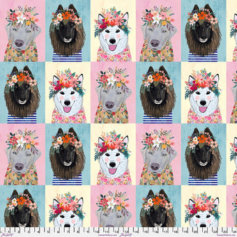 More Floral Puppies PANEL in Multi