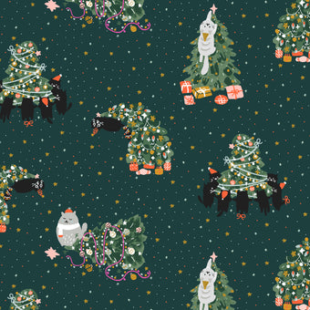 Cotton + Steel - 'Twas the Night Before Catmas Collection - Rockin' Around The Catmas Tree in Emerald Metallic