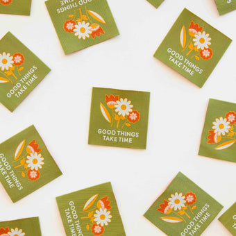 Sarah Hearts - Woven Sew-In Labels - Good Things Take Time (pack of 4 large labels)