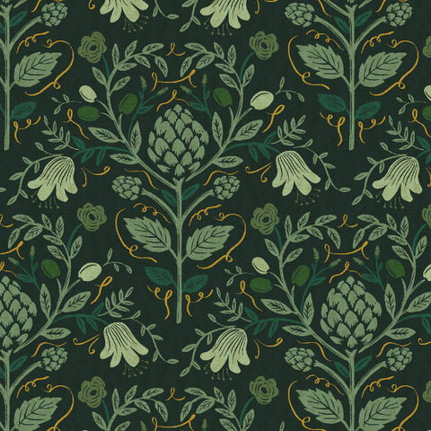 Rifle Paper Co. - Dahlia Collection - Artichoke CANVAS in Hunter Metallic - cotton linen canvas blend