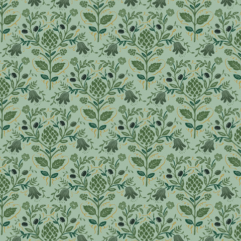 Rifle Paper Co. - Dahlia Collection - Artichoke in Sage Metallic - Quilting Cotton Fabric