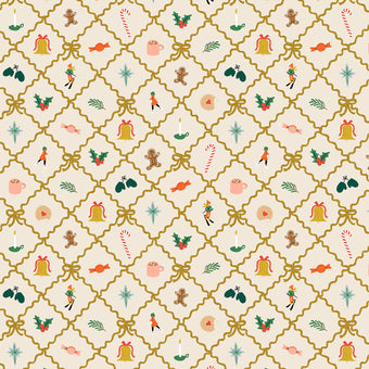 Rifle Paper Co. - Holiday Classics IV Collection - Holiday Argyle in Cream / Gold Metallic - Quilting Cotton Fabric