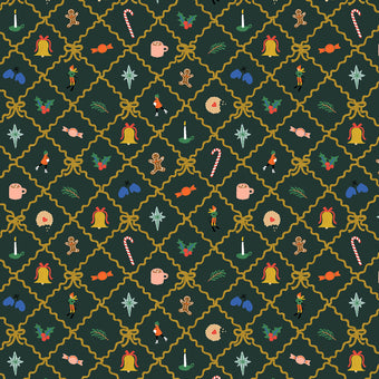 Rifle Paper Co. - Holiday Classics IV Collection - Holiday Argyle in Evergreen / Gold Metallic - Quilting Cotton Fabric