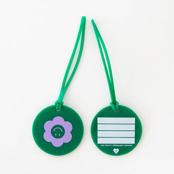 Sarah Hearts - Smiley Daisy Luggage Tag in Green / Lavender