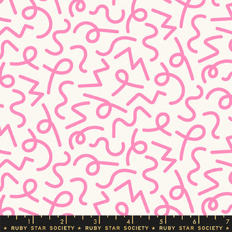 white cotton fabric with hot pink squiggly lines