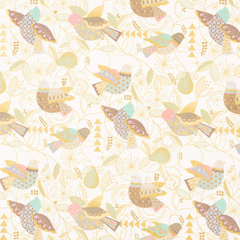 cream cotton fabric with pastel metallic birds