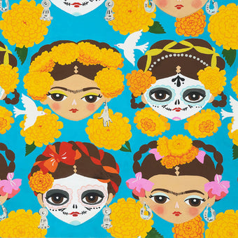 turquoise cotton fabric frida face dia de los muertos marigold dove