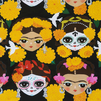 black cotton fabric frida face dia de los muertos marigold dove