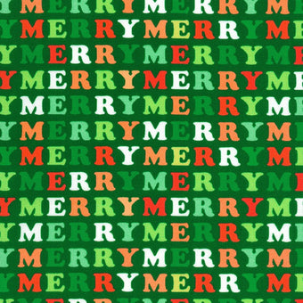 cotton Christmas fabric with green background and the word MERRY in green and red letters