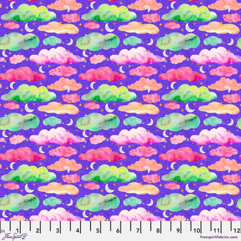 purple cotton fabric with rainbow clouds, stars and crescent moons