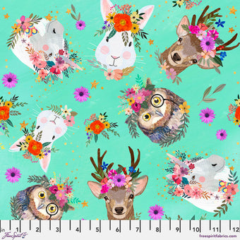 turquoise cotton fabric with woodland owl, deer, bunny, unicorn in flower crowns