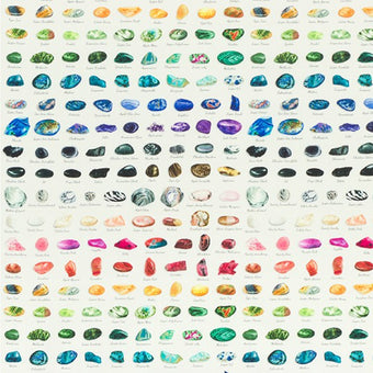 cotton fabric with white background and a rainbow of gemstones