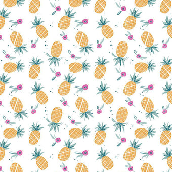 white cotton fabric with pineapples and flowers hawaiian
