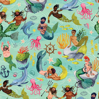 turquoise cotton fabric with gay kissing mermen merman