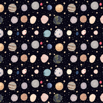 black cotton fabric with multi color planets outer space sky stars