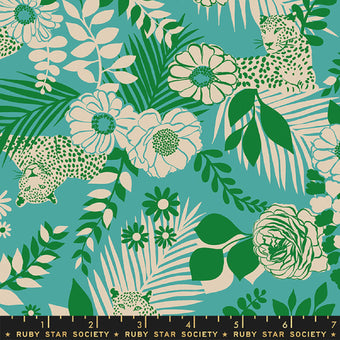 turquoise cotton fabric with plants, flowers and wild cheetah