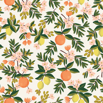 cream cotton fabric with orange and lemon blossoms and trees