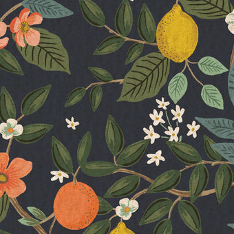 navy blue cotton linen canvas fabric with citrus trees, lemons and oranges.  Bramble by Rifle Paper Co.