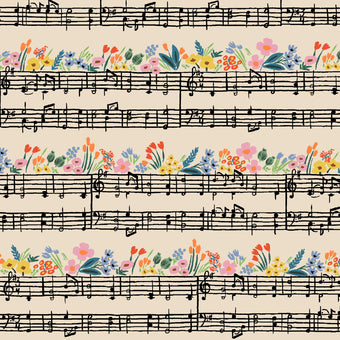 cream cotton linen canvas fabric with sheet music notes and flowers