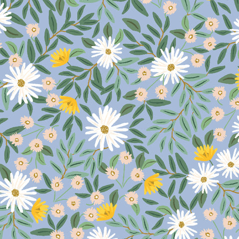 cornflower blue cotton linen canvas fabric with yellow and white daisy design.