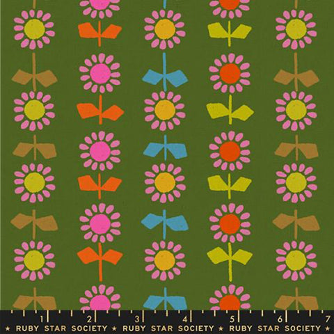 Ruby Star Society - Catnap Collection - Daisy Stripe CANVAS in Sarah Green - cotton linen blend sewing fabric