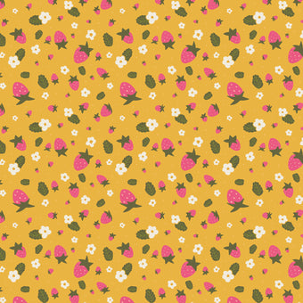 Figo Fabrics - Joyful June Collection by Sarah Hearts - Strawberries in Ochre - Quilting Cotton Fabric