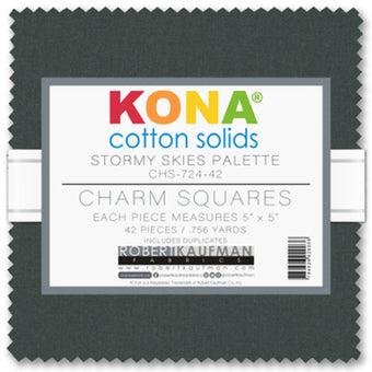 Robert Kaufman - Kona Cotton Stormy Skies Palette 42 piece 5" x 5" Square Charm Pack - quilting cotton sewing fabric
