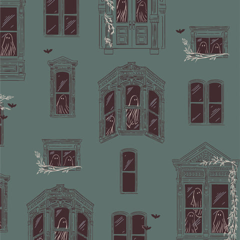 Art Gallery Fabrics - Ghostly & Haunted Collection - Haunted House in Moss
