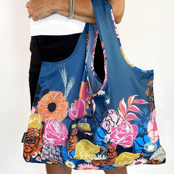 Meori Pocket Shopper Reusable Tote Bag in Melody Blue Floral