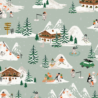Rifle Paper Co. - Holiday Classics IV Collection - Penguin Village in Mint / Silver Metallic - Quilting Cotton Fabric