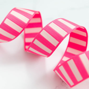 Bold Stripe Webbing 1.5" in Neon Pink / Off White - By the Yard