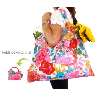 Meori reusable nylon tote bag in pink floral print by melody miller