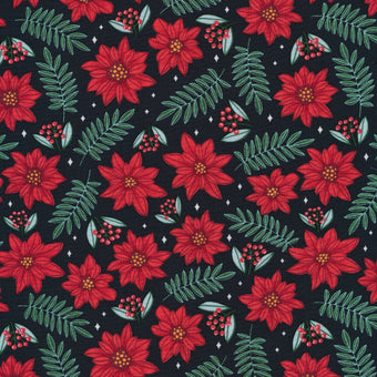 organic cotton fabric with black background with  with red poinsettia flowers and green sprigs 