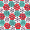 organic cotton fabric with red and green hexagons with snowflake design