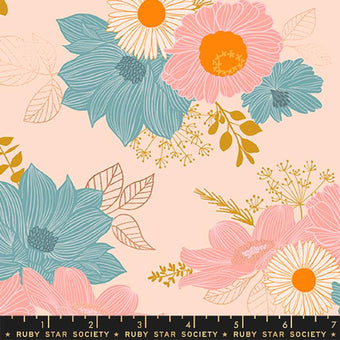peach cotton fabric with blue and pink flowers