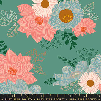 teal cotton fabric with blue and pink flowers