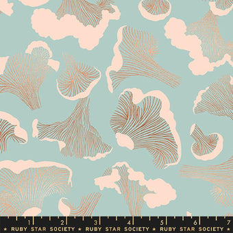 aqua cotton fabric with metallic copper wild mushroom design