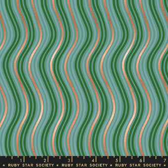 green cotton fabric with turquoise and copper wavy design