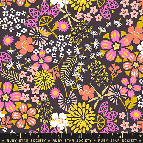 brown cotton fabric with pink orange floral design
