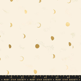 cream cotton fabric with metallic gold moon phases full crescent sky