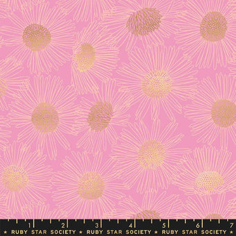 pink cotton fabric with metallic gold daisy design