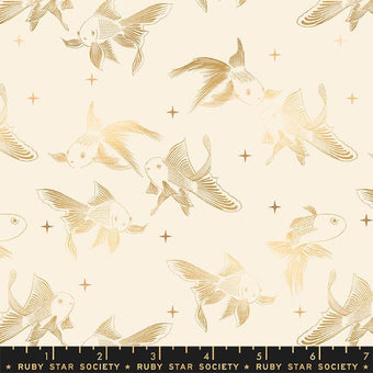 cream cotton fabric with metallic gold goldfish design