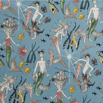 blue cotton fabric with mermaid and merman Ghastly nautical print