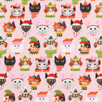 pink cotton fabric with cats dressed up for christmas