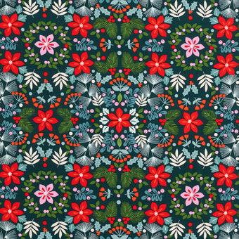 dark green cotton fabric with christmas wreaths, poinsettias and sprigs of pine needles