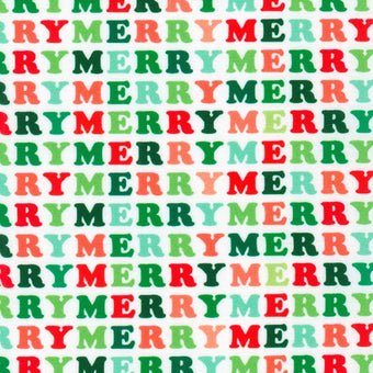 white cotton fabric christmas with word MERRY in red and green