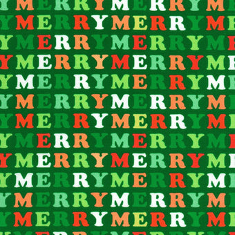 cotton Christmas fabric with green background and the word MERRY in green and red letters