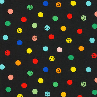 cotton fabric with black background and rainbow polka dots with smiley faces