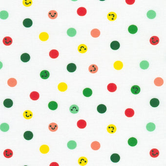 white cotton fabric with multicolor polka dots with emoji smiley faces